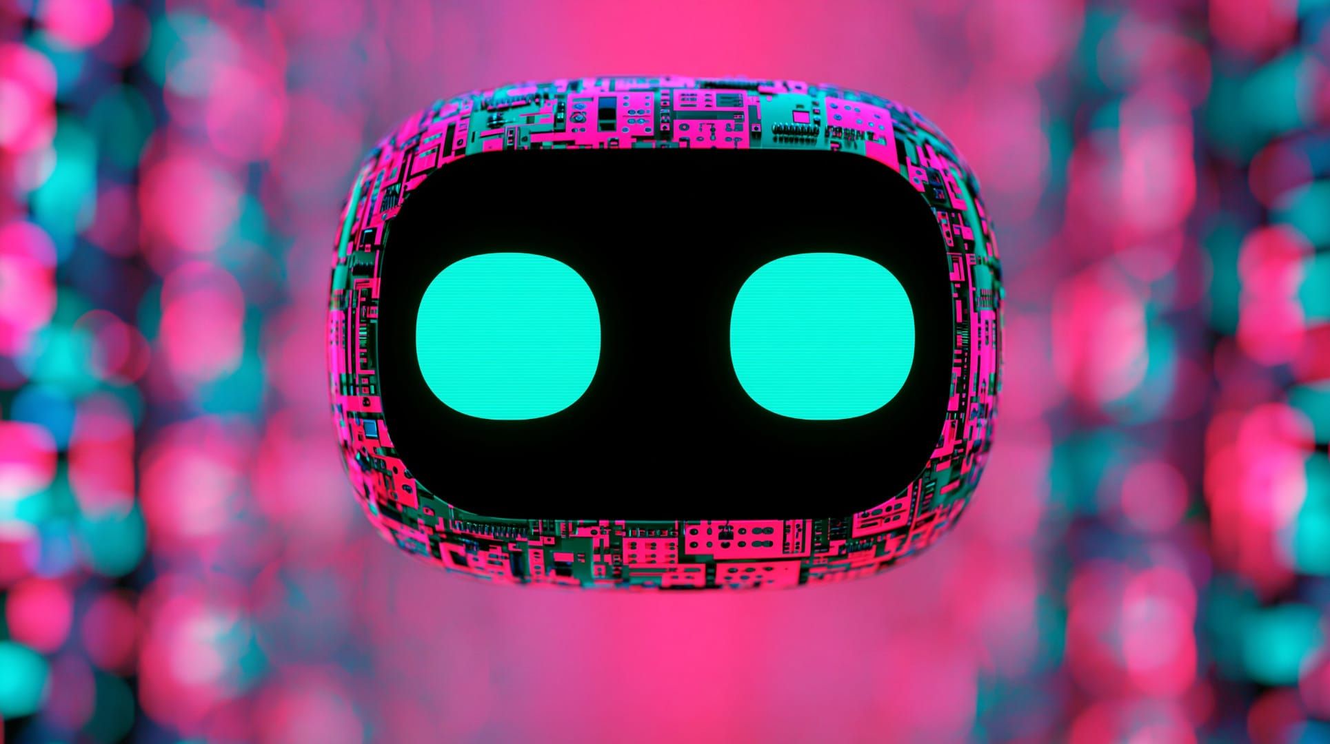 A cute robot shaped like a watermelon with two big rounded squares for eyes, floats midair against a colourful backdrop