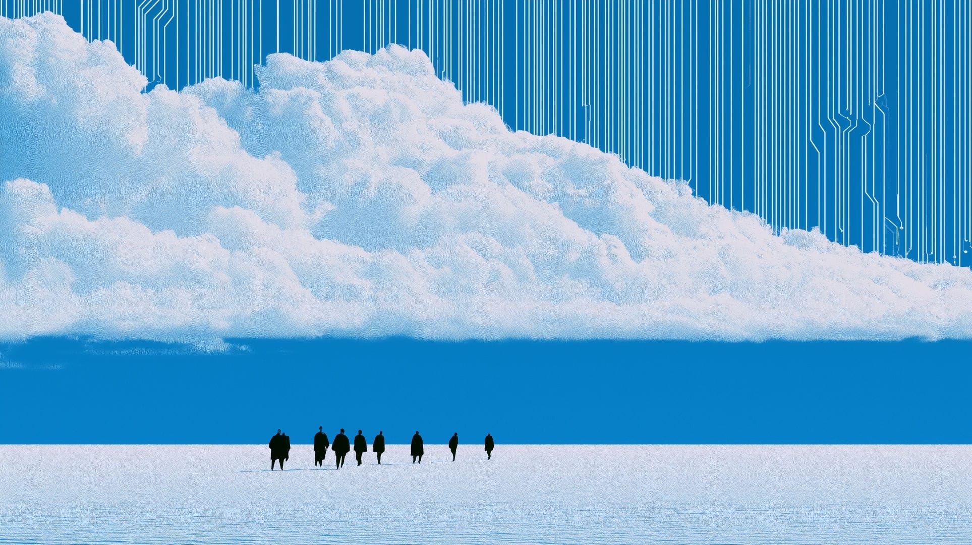 Nine tiny silhouettes of people crossing a barren snowy tundra, below a giant white cloud that is intersected with computer circuits