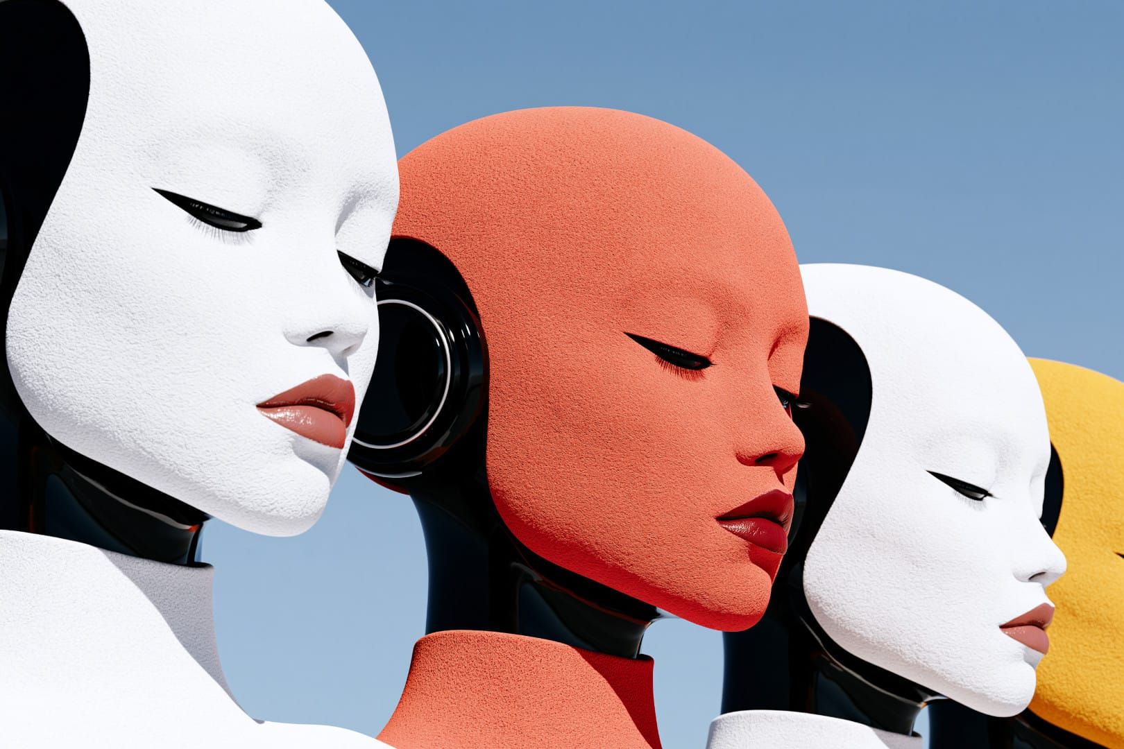 Row of pastel-toned humanoid robot heads in profile, eyes closed, against a clear blue sky.