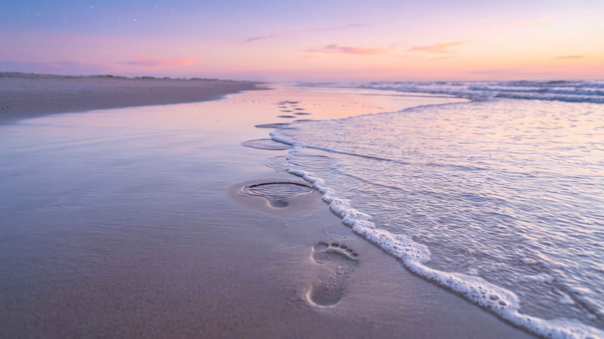 A film still depicting footprints on a sandy shore with waves coming over them