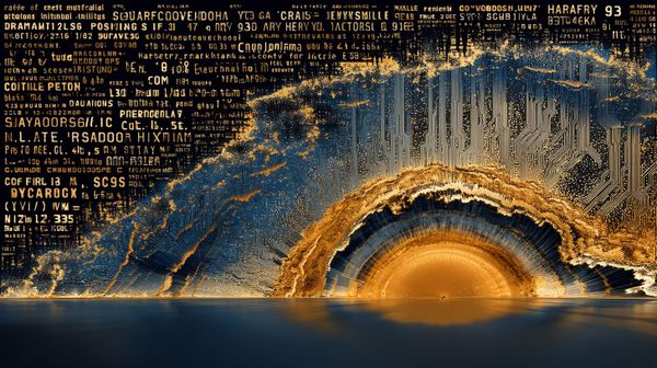 Abstract sunset over a calm body of water made of random letters, gold veins, and computer circuits