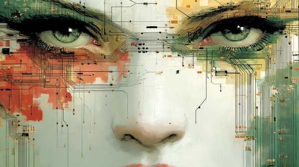 Illustration of a closeup of a human face overlaid with computer circuitry