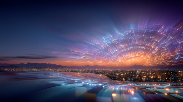 A vast landscape overlooks a city at dusk, with shimmering light radiating from beyond the distant mountains