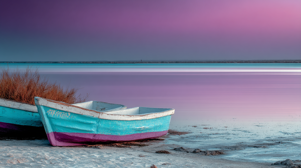 Two small fishing boats sit on the shore at dawn, with the tide far out in the distance