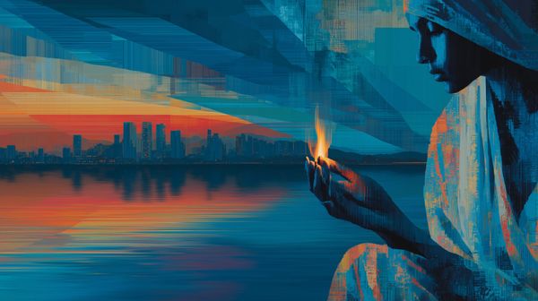 A woman in the foreground looks pensively at the flame in her hand; silhouette of a city skyline in the background, reflecting on the water.