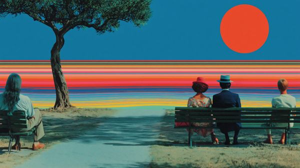 A long-haired man sits on a bench by a tree, nearby on another bench sit a couple and a single person facing a bright orange sun.