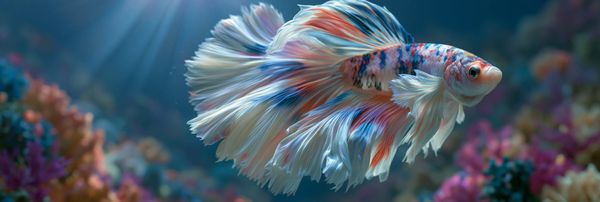 A beautiful multicoloured betta fish floats across a coral reef with sun rays shining down from above.