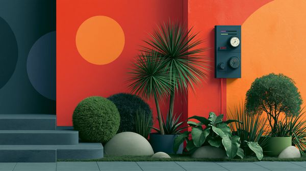 A high-tech utility meter on the side of a colourful house, surrounded by tropical plants.