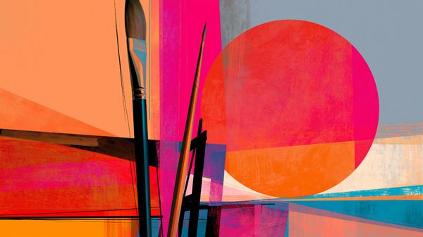 Abstract futurist image of paint brushes with bold geometric shapes and vivid colours.