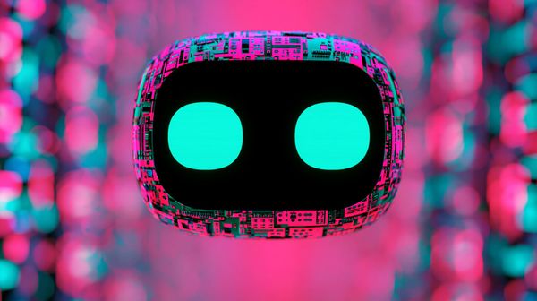A cute robot shaped like a watermelon with two big rounded squares for eyes, floats midair against a colourful backdrop