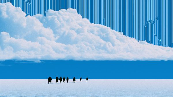 Nine tiny silhouettes of people crossing a barren snowy tundra, below a giant white cloud that is intersected with computer circuits