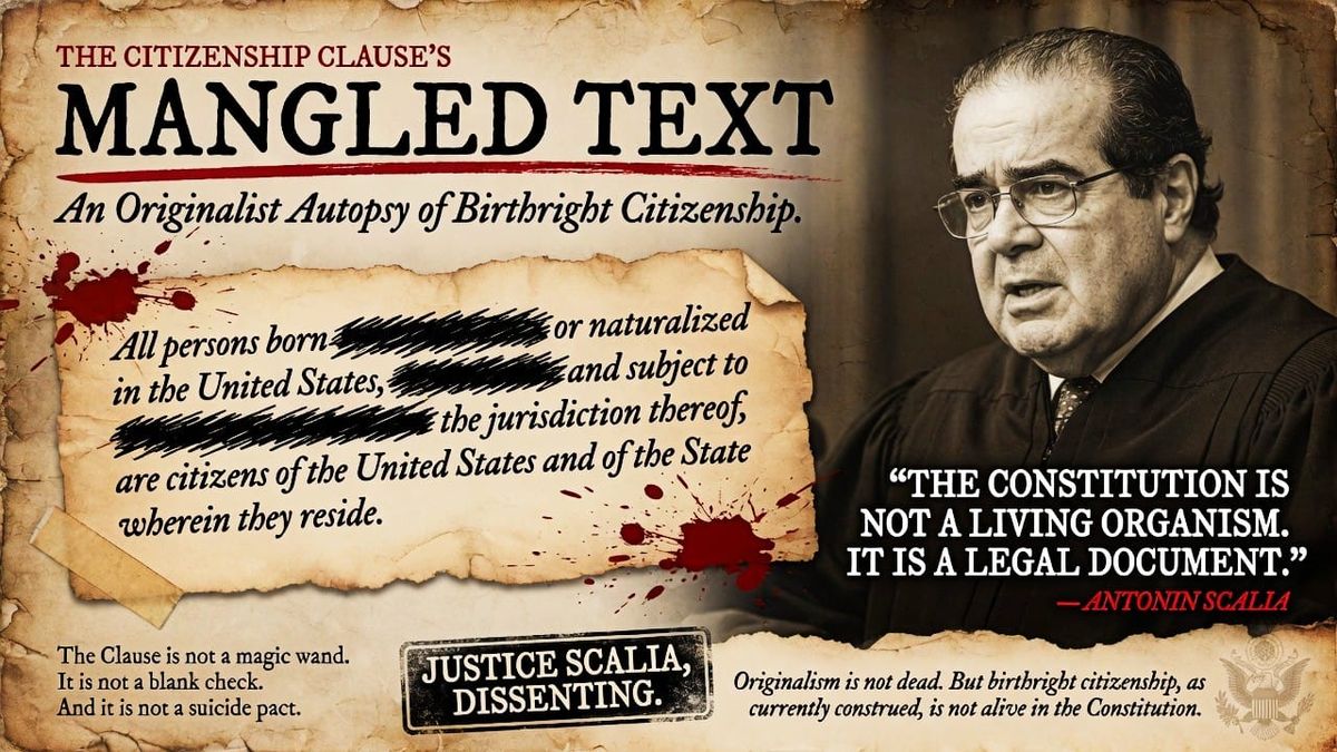 The Citizenship Clause’s Mangled Text: An Originalist Autopsy of Birthright Citizenship. Justice Scalia, dissenting.