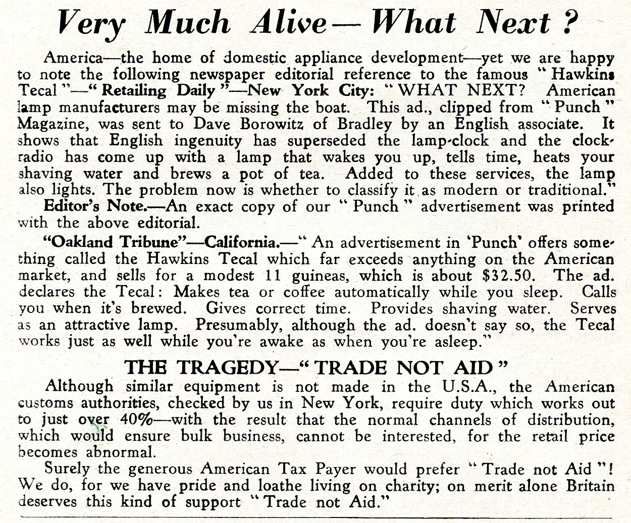 Review of the Hawkins Tecal 1200 in US press March 1953