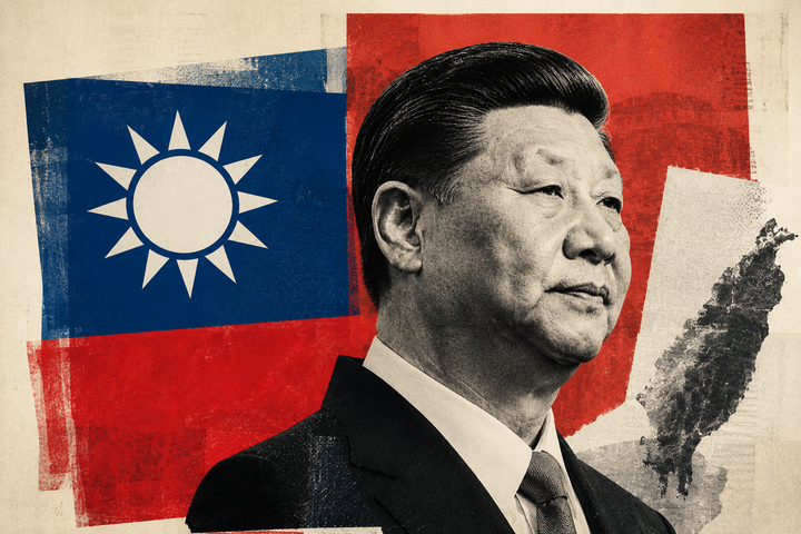Xi Jinping depicted in editorial collage against the Taiwan flag and map of Taiwan, illustrating China's strategic ambitions over the island.