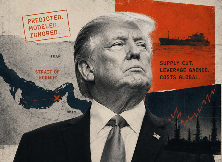 Editorial collage depicting Trump against a map of the Strait of Hormuz and Iranian oil infrastructure, illustrating how repeated intelligence warnings about Hormuz closure were dismissed.