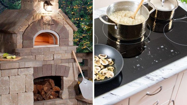 Wood-fired oven and an induction cooktop