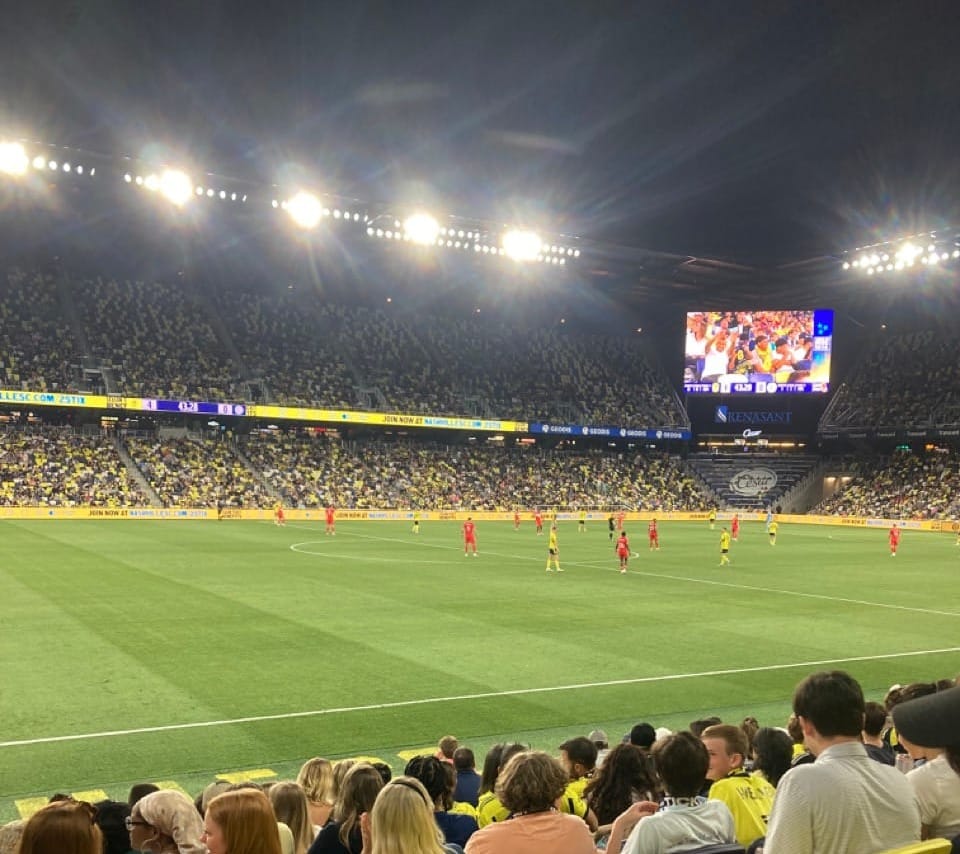 View from club seats at Geodis Park for game between Nashville Soccer Club and Chicago Fire