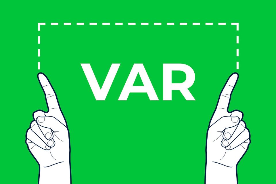 Illustration of Video Assistant Referee hand signal with two drawn hands on a lime green background. The hands are using pointer fingers to trace a tv-shaped rectangle. 