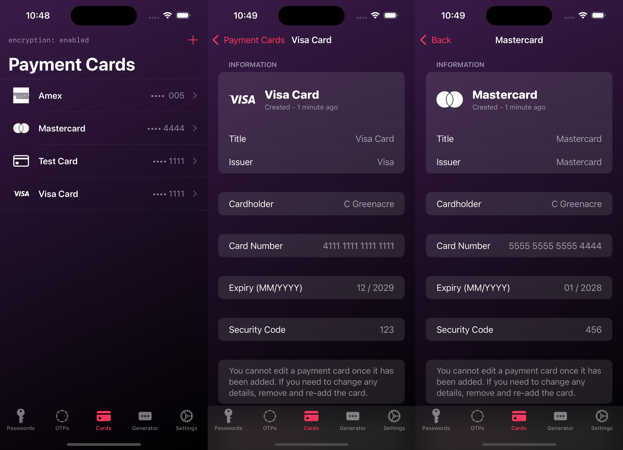 A screenshot of PrivPass Password Manager showing a list of payment cards, and payment card information screens.