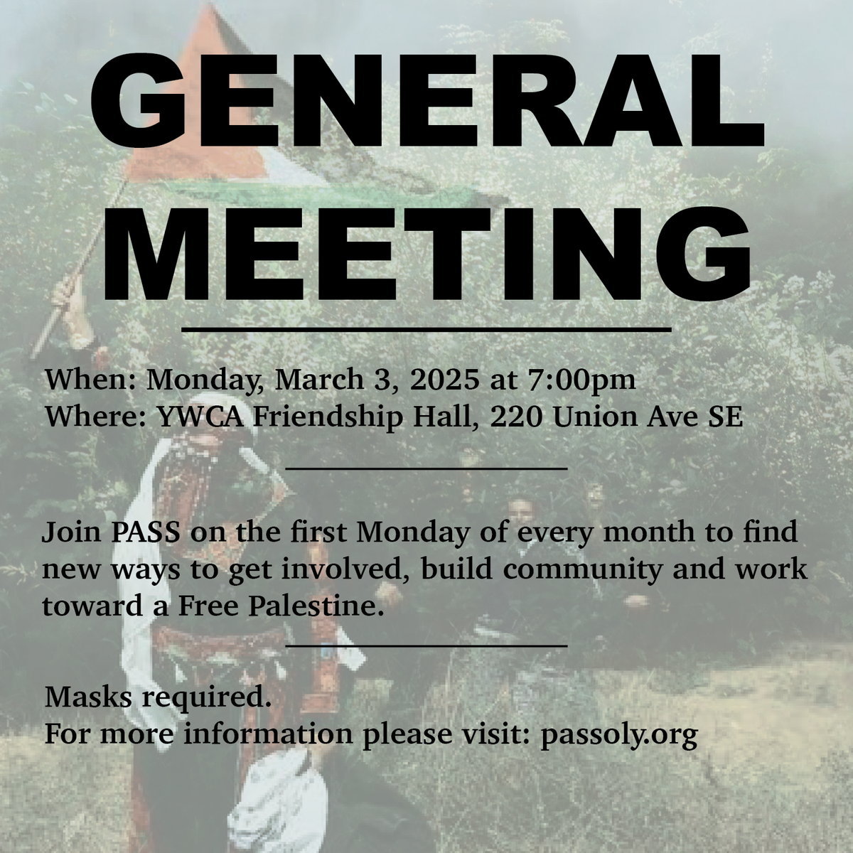 Monday 3/3 General Meeting 7pm at YWCA Friendship Hall