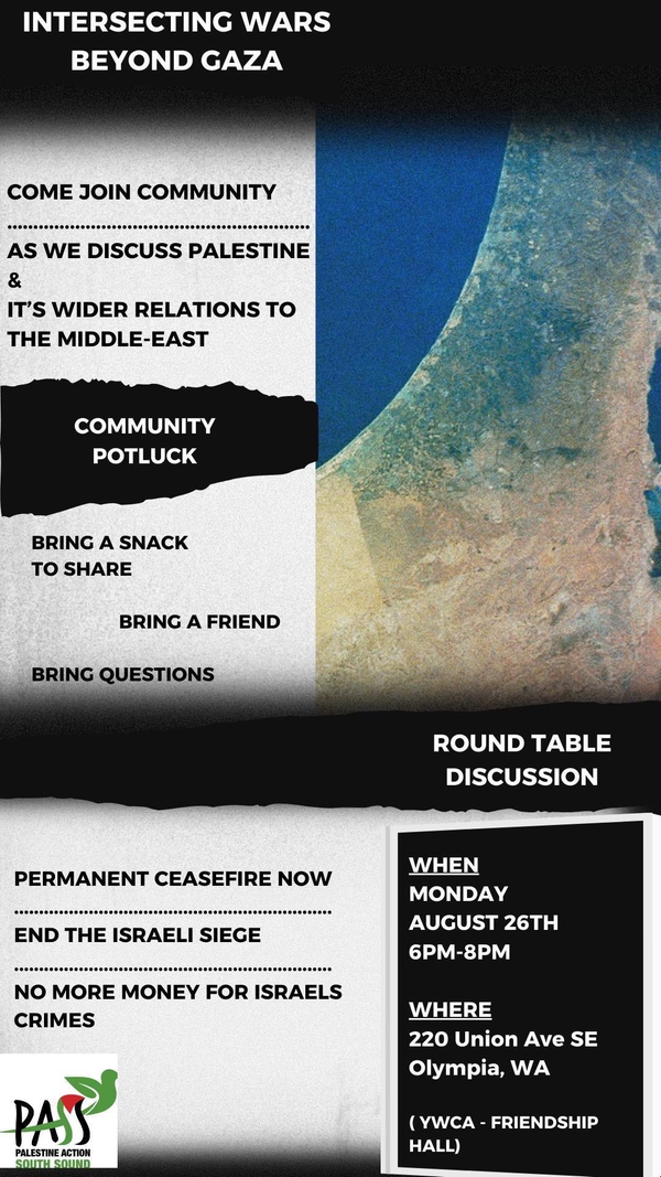 Monday, August 26th Potluck and Round Table Discussion: Intersecting Wars Beyond Gaza
