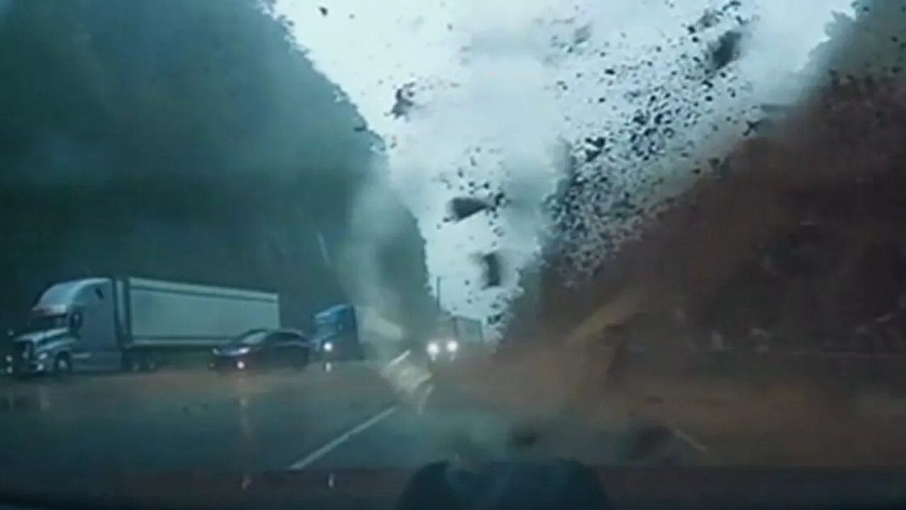Watch the Terrifying Moment a Couple Driving Through the Blue Ridge Mountains in North Carolina Barely Missed a Huge Mudslide