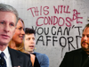 Composite image of Billionaires Chris Larson, Laurene Powell Jobs, Sam Altman, and Marc Benioff in font of a graffiti on a brick wall that says "This will be condos you can't afford" 