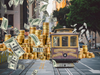 composite image of San Francisco's iconic cable car driving through giant piles of gold coins and wind blown paper currency