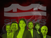 Composite photo of members of San Francisco's Democratic Party with the smoking ash of the City's democratic party logo behind them