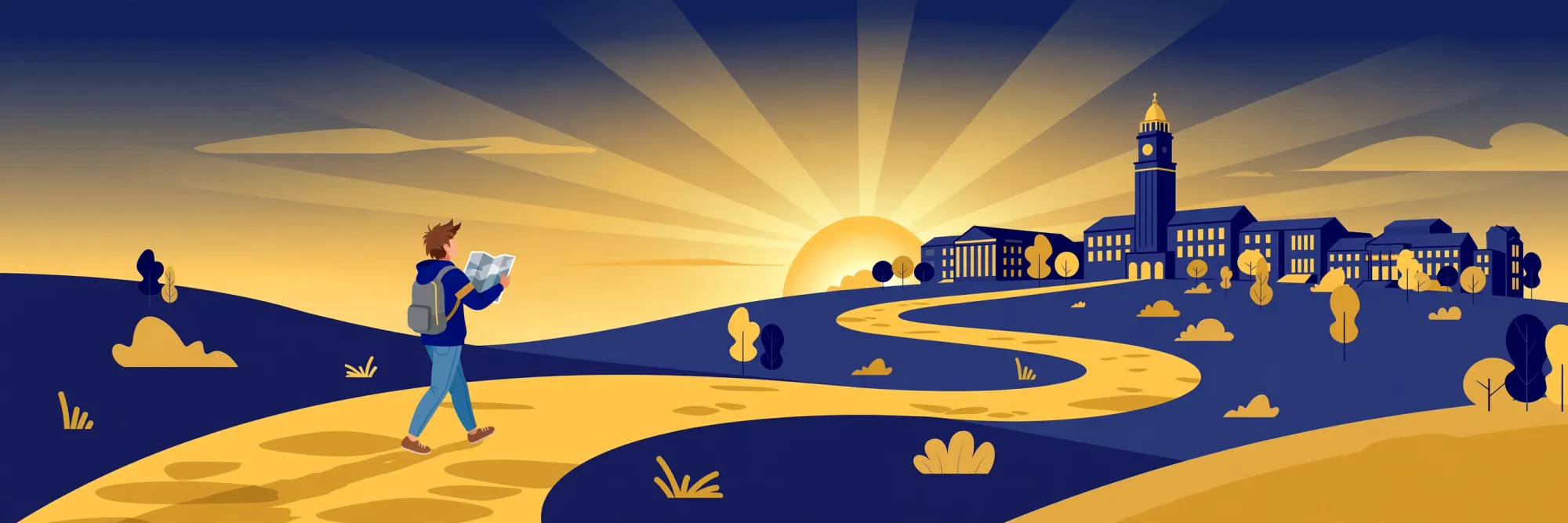 Student walking a golden road toward a university at sunrise