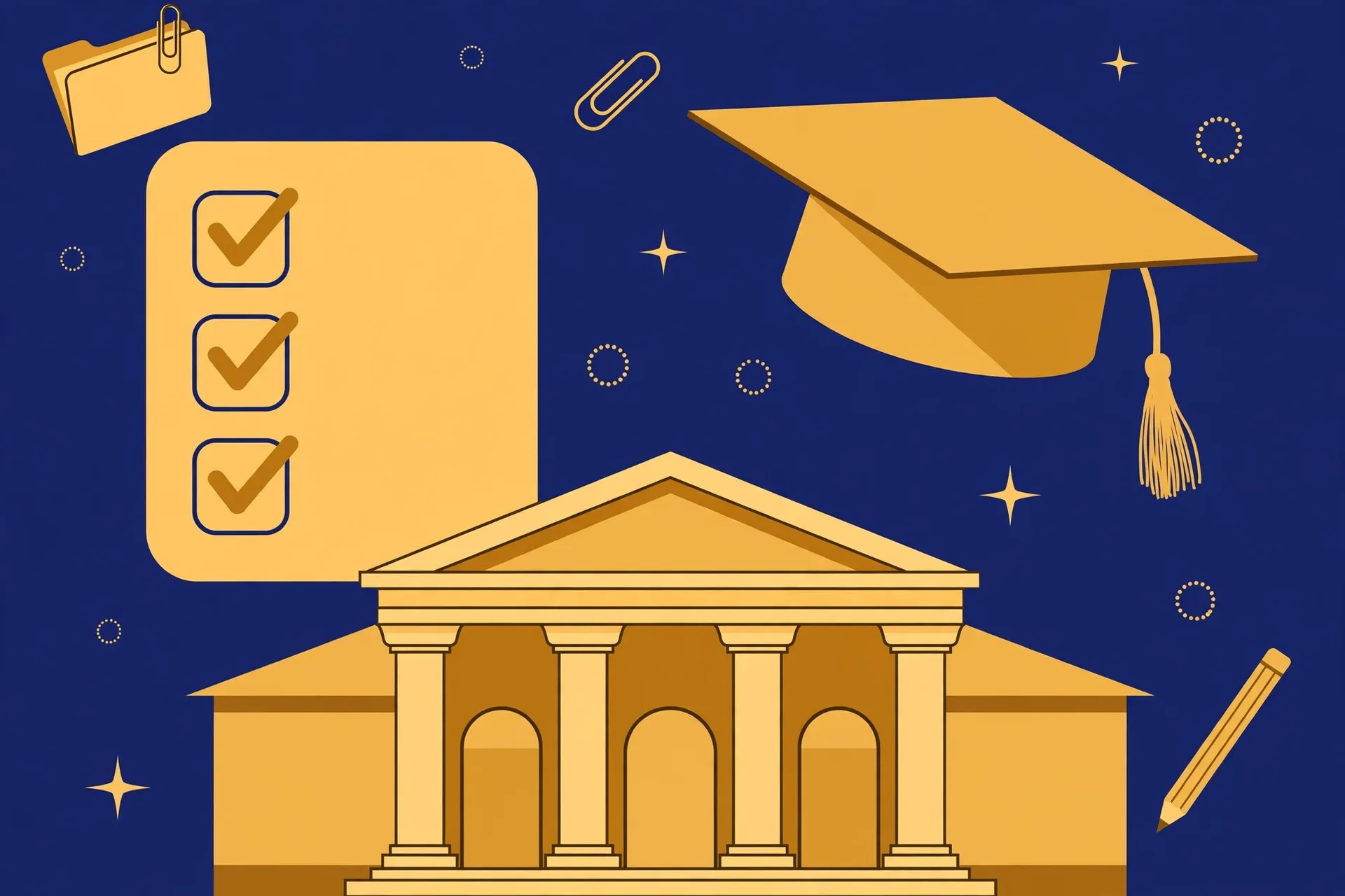 Graduation cap with checklist and university building