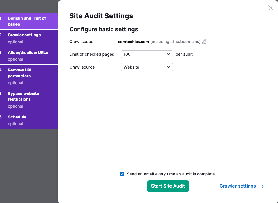 Alter the option based on your need, that you want to audit for your site