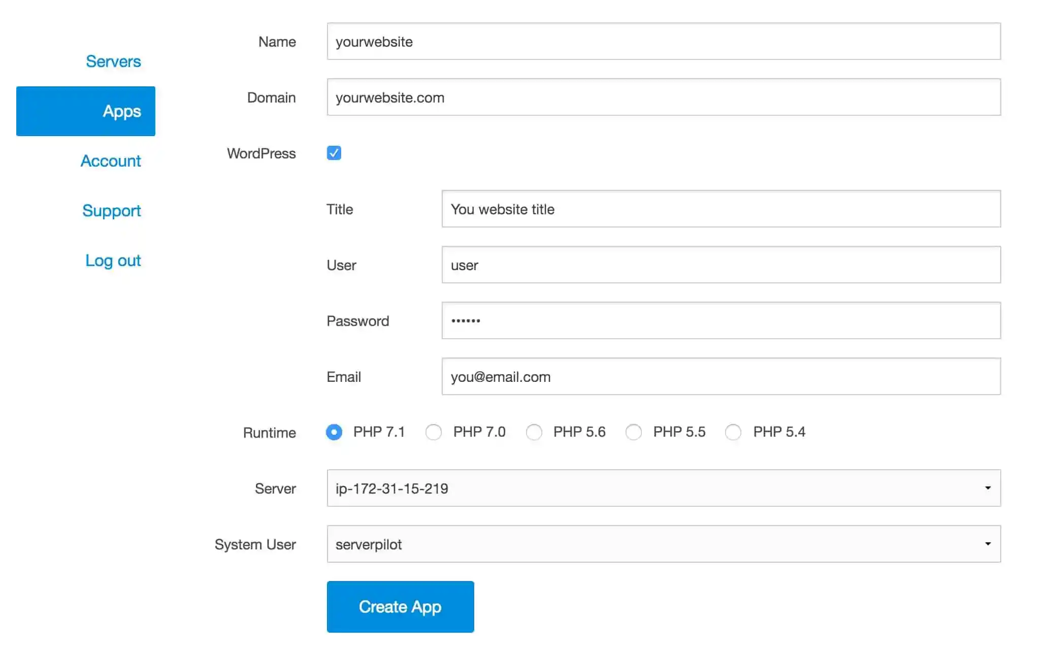 create wordpress using serverpilot