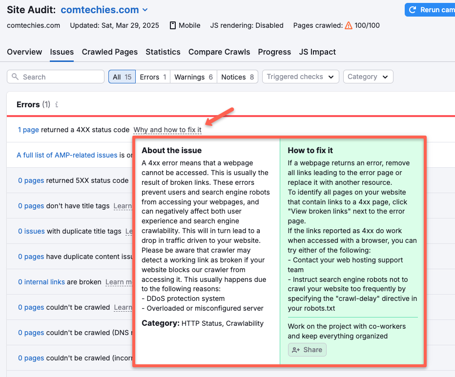 Semrush site audit feature that shows how to fix it