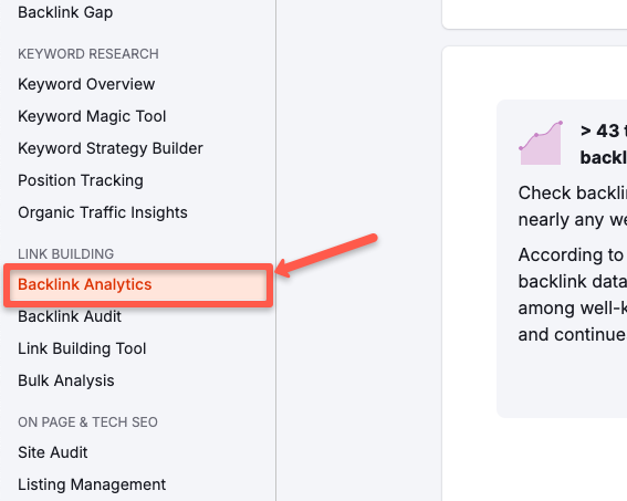 Go to Semrush Backlink analytics