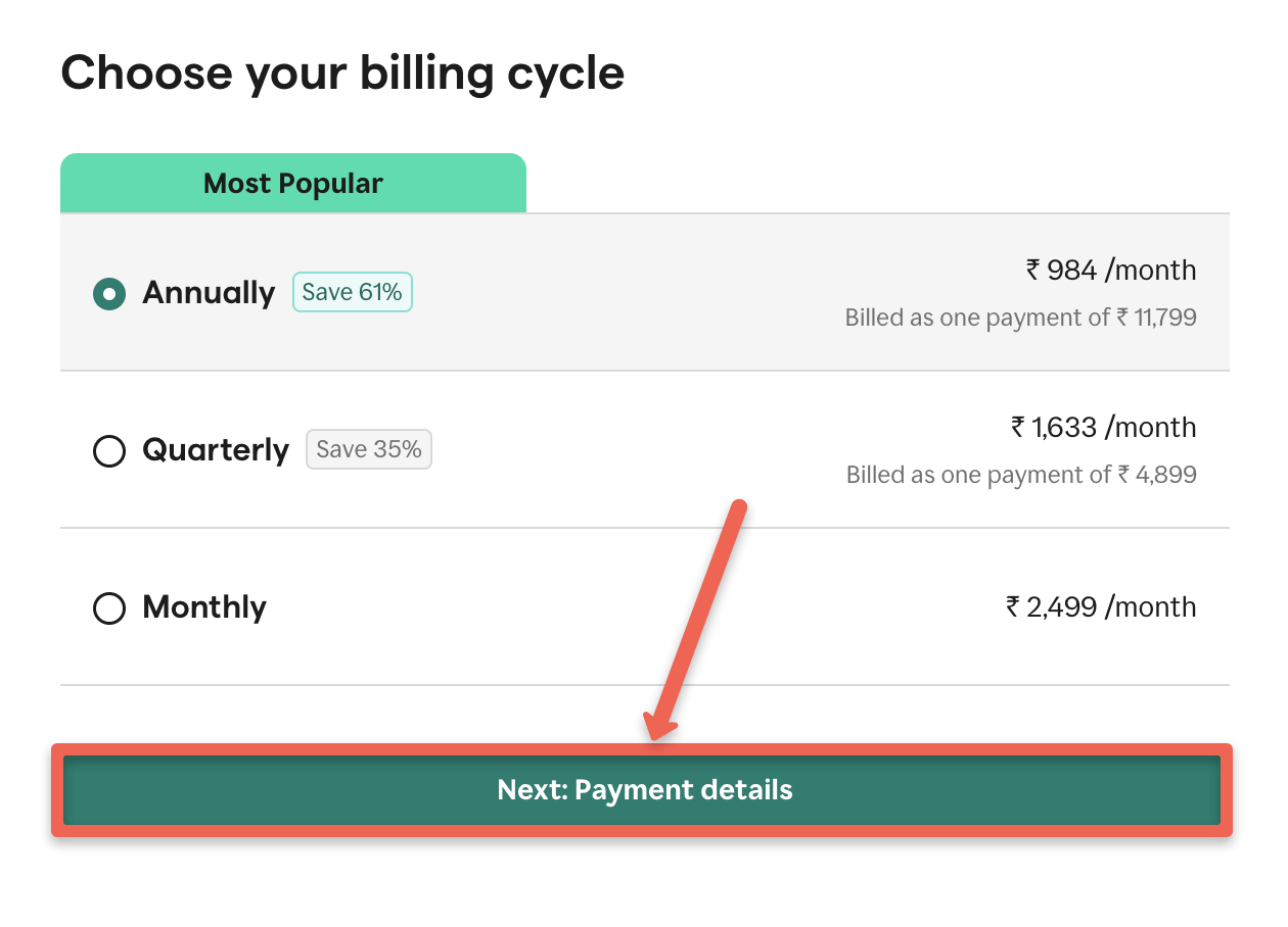 Grammarly coupon: Choose the plan you want and click 'Next: Payment details'.