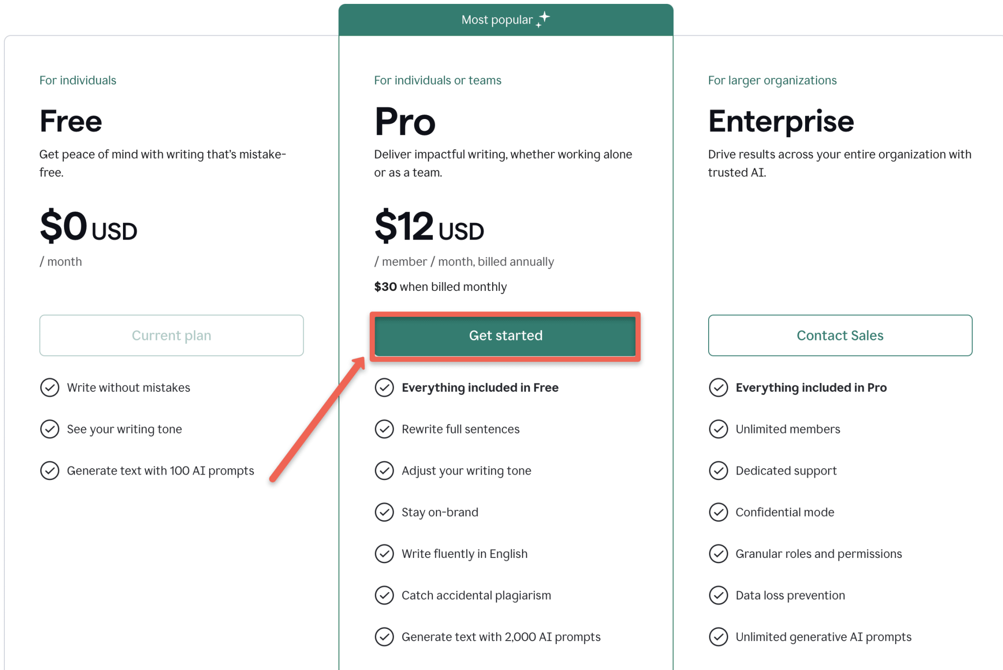 Grammarly Black Friday: Grammarly pricing page, click' Get started button, 