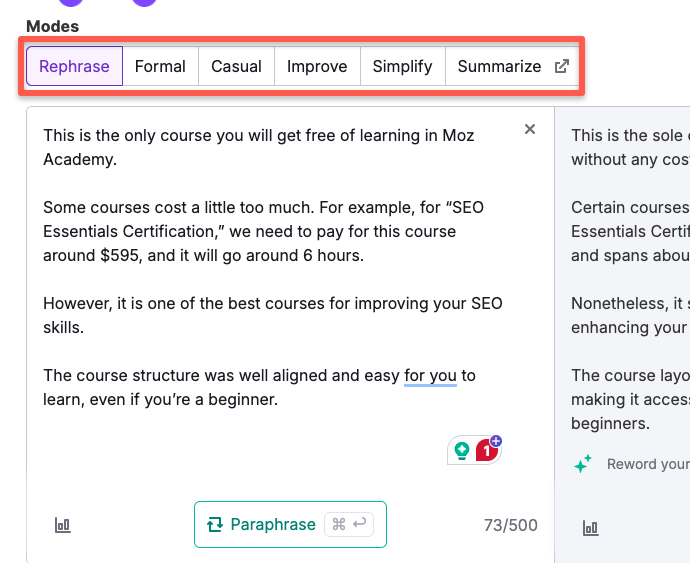 Semrush paraphrasing tool: Its different types of modes( formal, csual, improve and simplicity)
