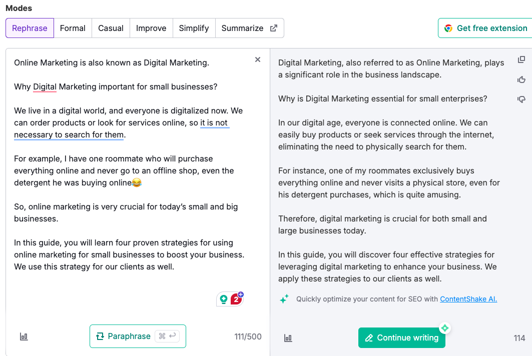 Semrush paraphrasing tool: You will get a side-by-side comparison of original and rephrased content like the image shown below.