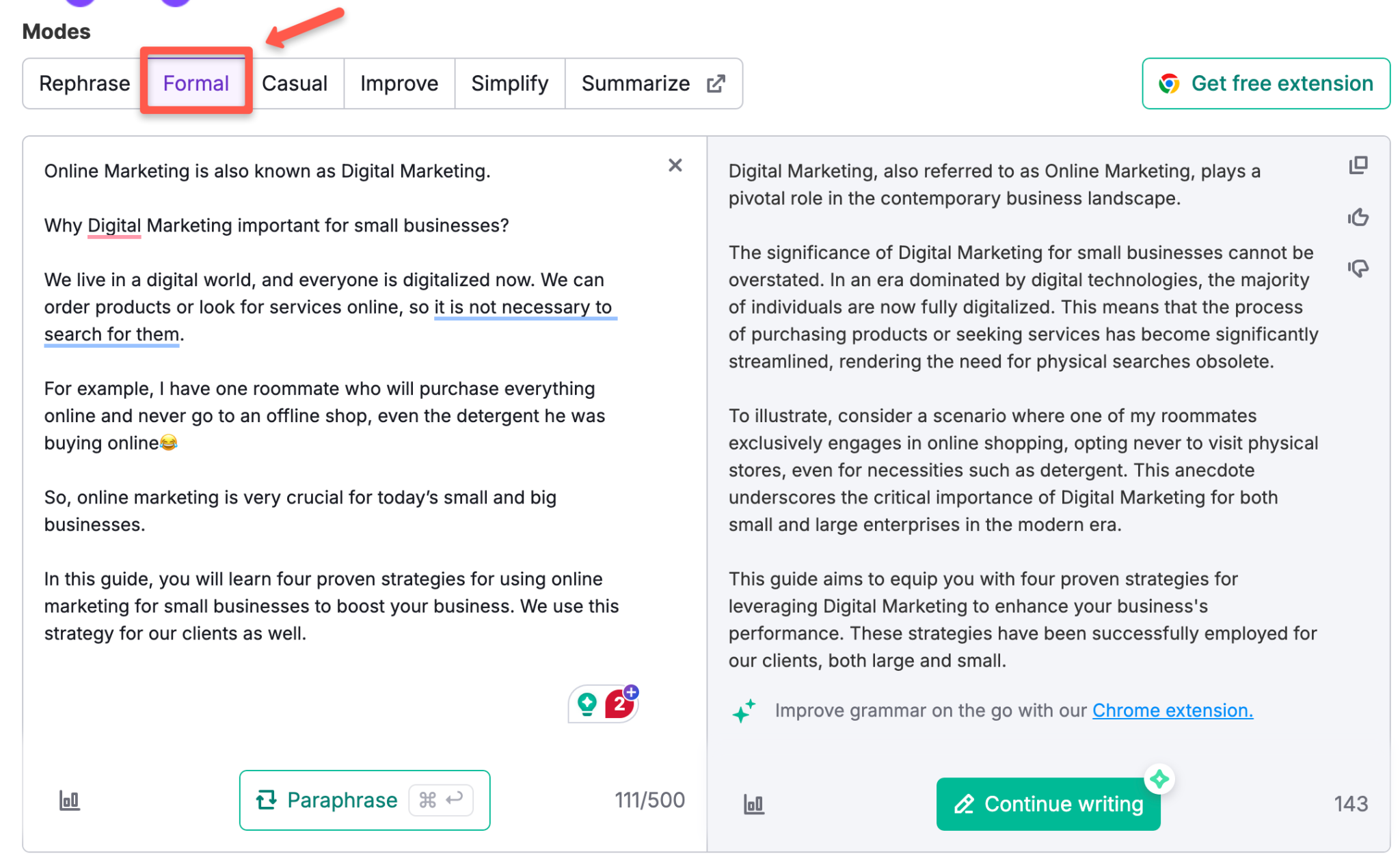Formal mode content of Semrush Paraphrasing Tool.