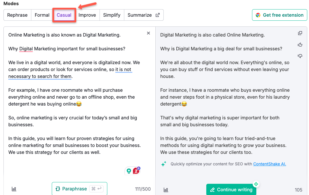 Casual mode content of Semrush Paraphrasing Tool.
