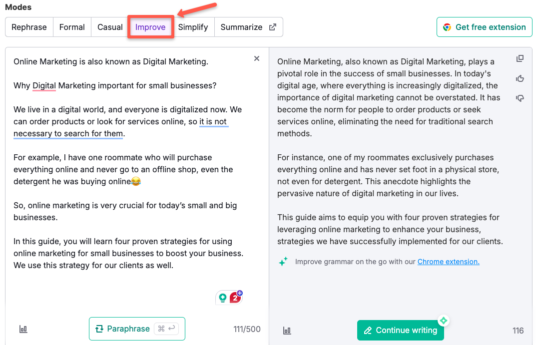 Casual mode content of Semrush Paraphrasing Tool.