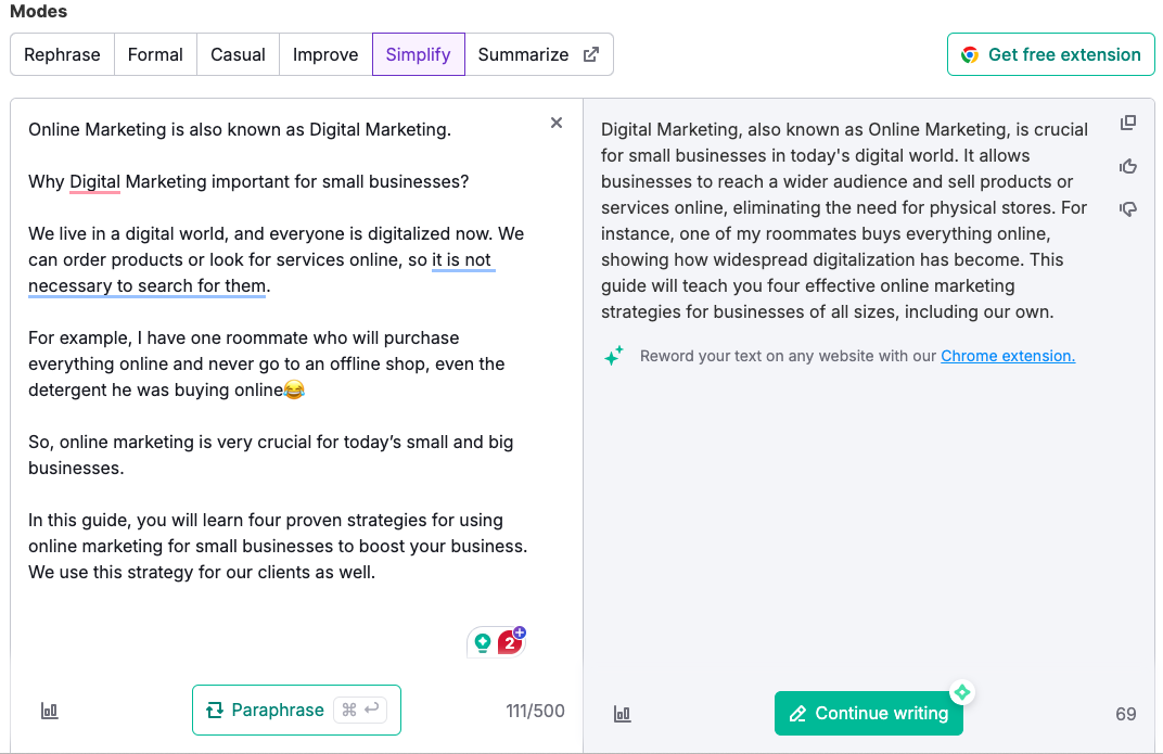 Simplify mode content of Semrush Paraphrasing Tool.