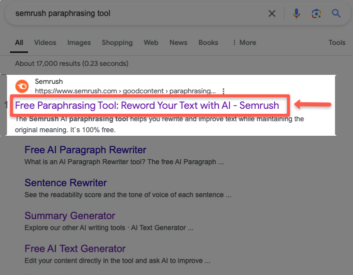 Click the link to enter the semrush paraphrasing tool