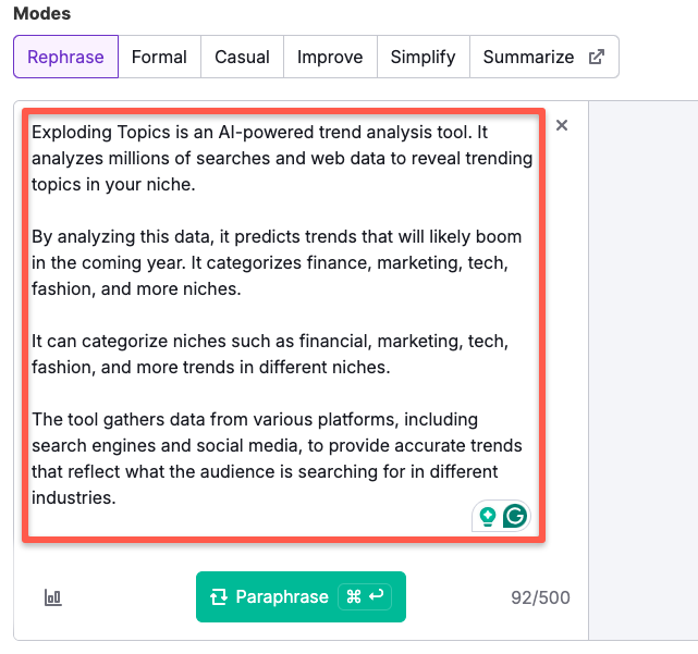 Enter the sentence in Semrush paraphrasing tool to rephrase