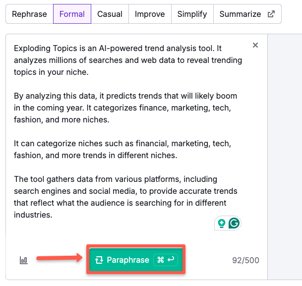 Click the Paraphrase button to rephrase the sentence