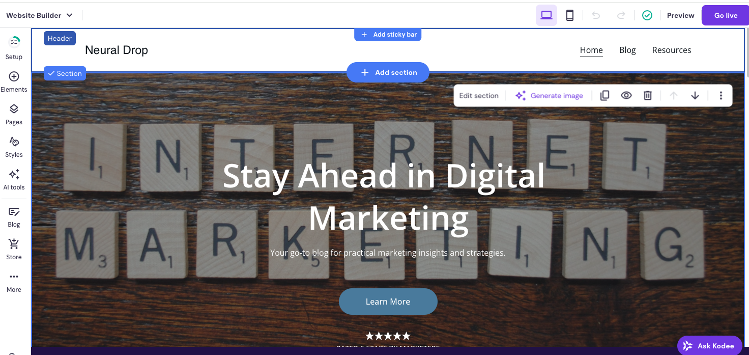 Hostinger AI site builder editing options