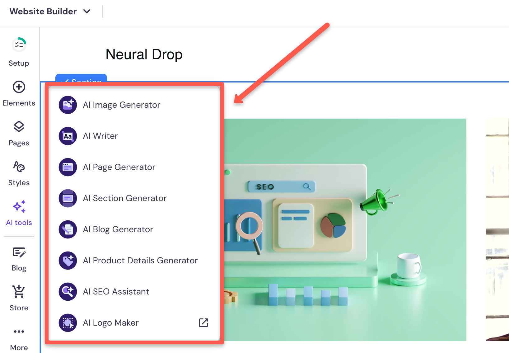 AI tools in Hostinger AI Website Builder