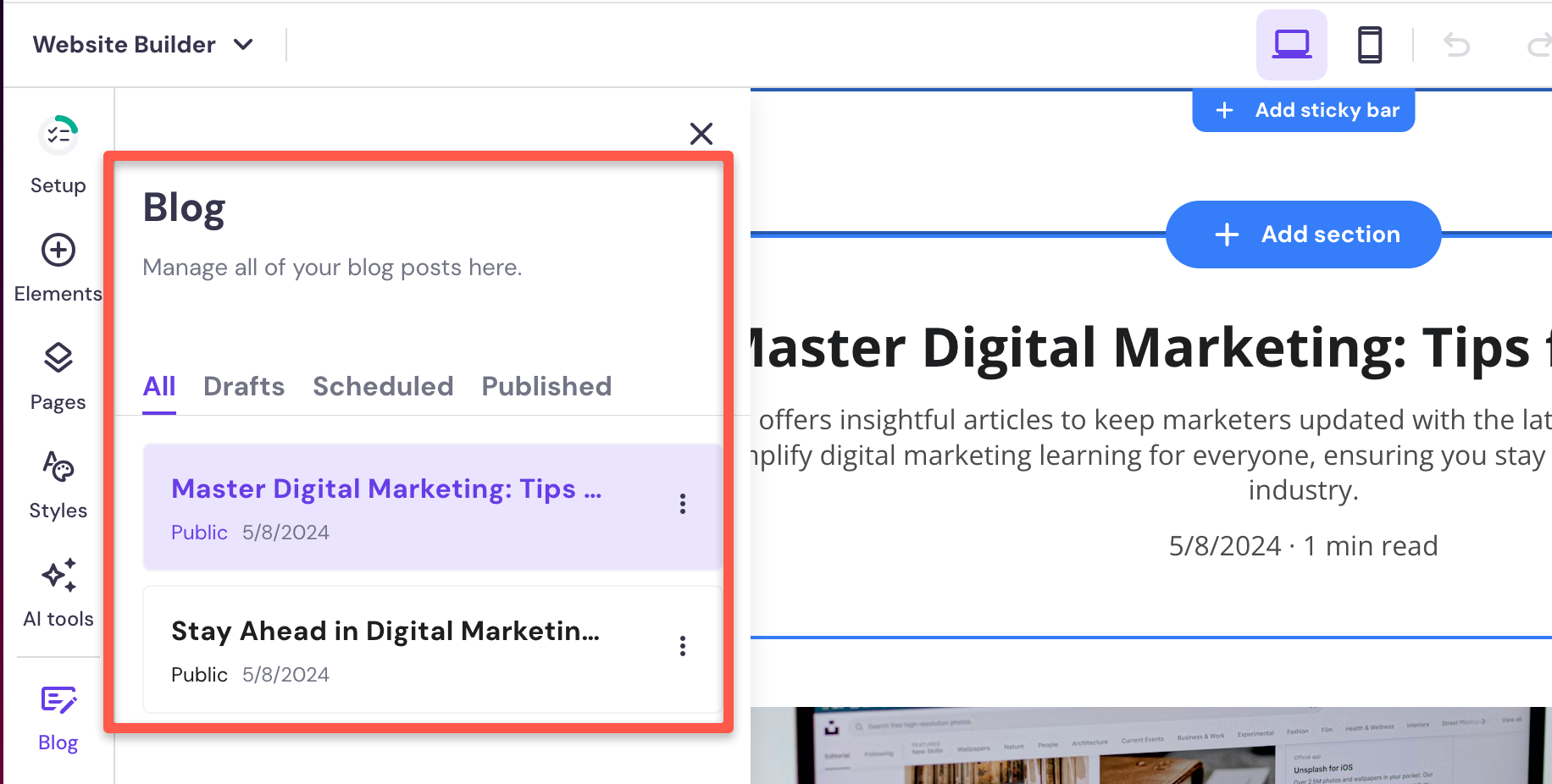 Blog managing feature inHostinger AI Website Builder