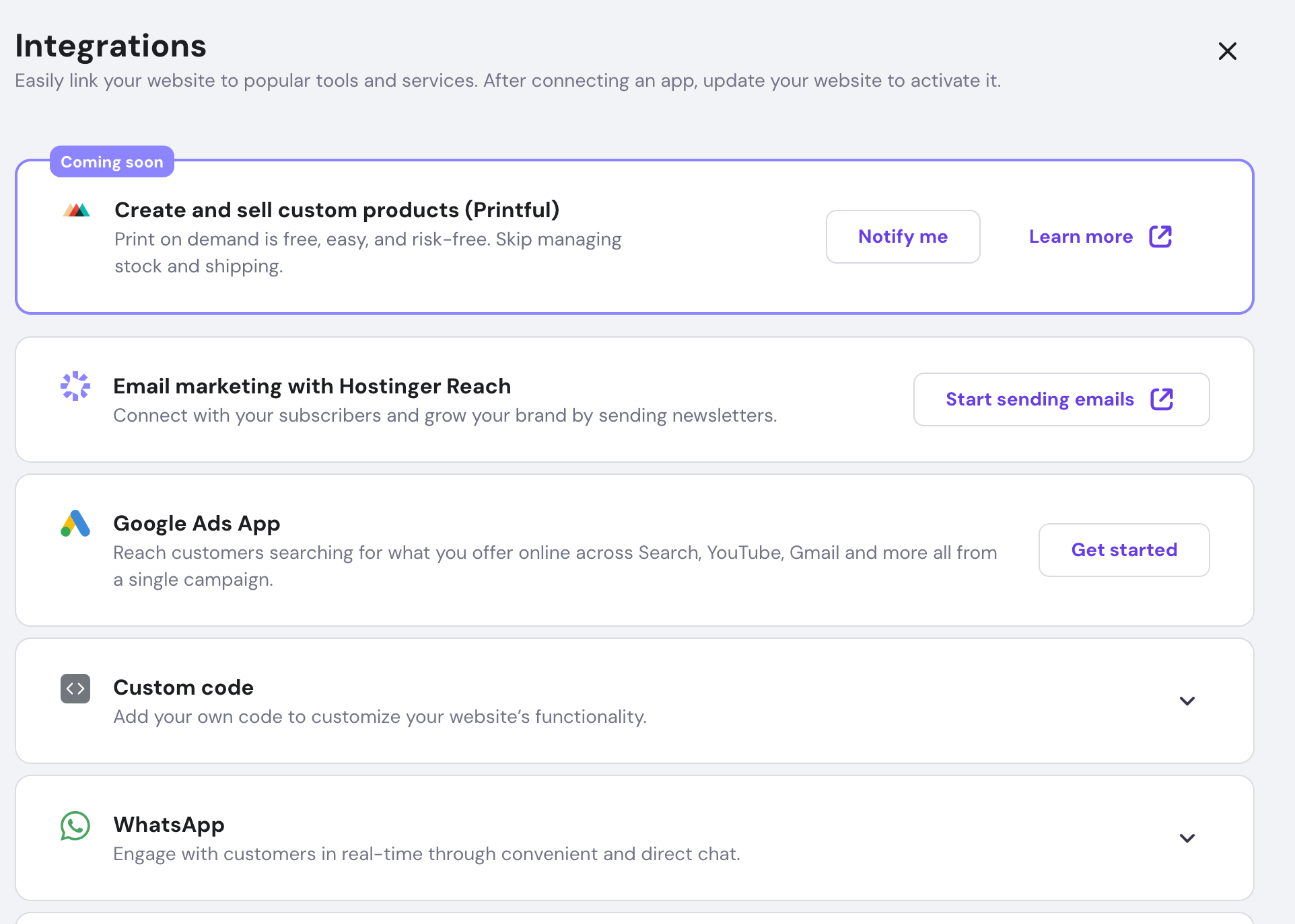 Integration apps in Hostinger AI website builder